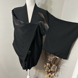 Vtg Japanese Kimono Haori Silk Jacket Black Family Crest Mountains Scene Lined